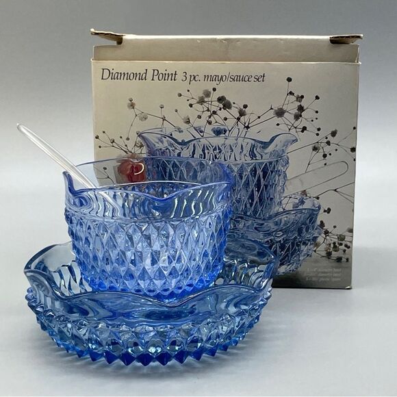 Vintage Indiana Glass Diamond Point Mayo Sauce Set Regal Blue - Picture 9 of 10
